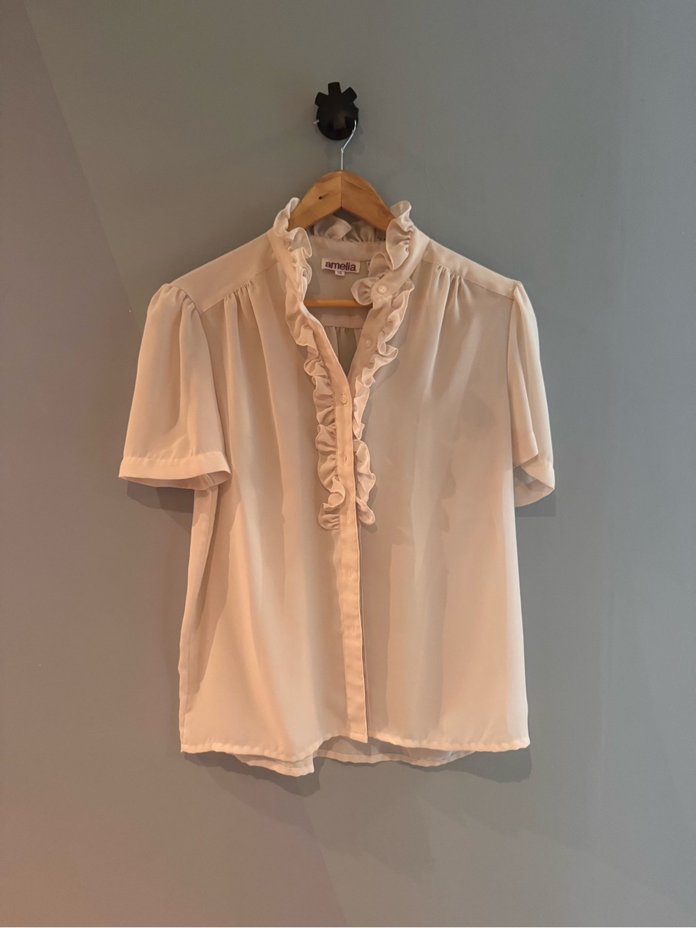 Ruffle-Trim Vintage Sheer Blouse in Soft Cream
